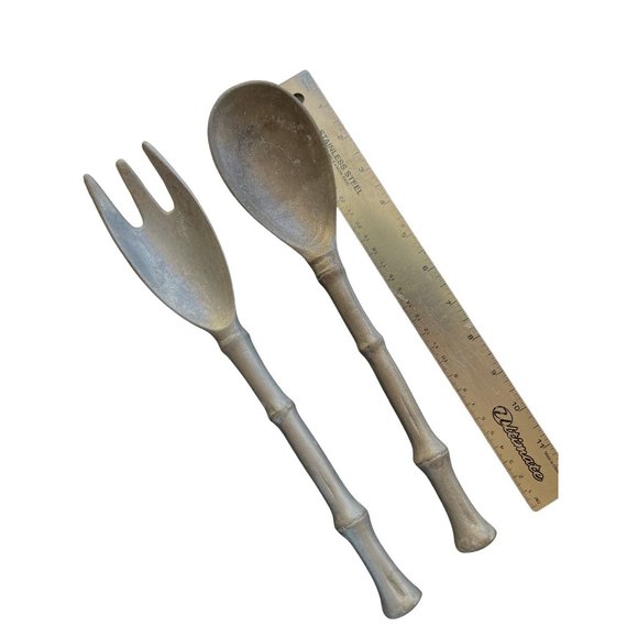 Metal Salad Serving Set Fork and Spoon Bamboo Design Handle 12" - Picture 5 of 5